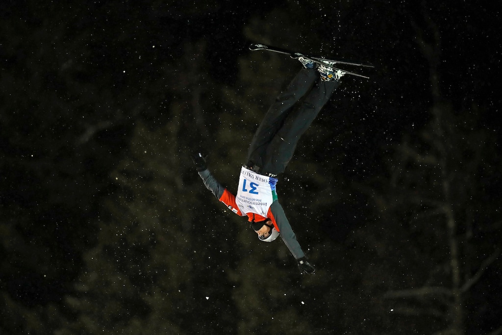 Megan Nick, of the United States, competes in the finals of the World Cup women's freestyle aerials skiing event Friday, Feb. 7, 2020, in Park City, Utah. (AP Photo/Jeff Swinger)