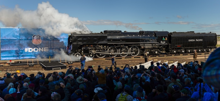 Leah Hogsten  |  The Salt Lake Tribune   The Living Legend No. 844 awaits the arrival of Big Boy No. 4014 prior to ThursdayÕs ceremony. In celebration for the 150th anniversary of the transcontinental railroadÕs completion, Union Pacific's iconic steam locomotives, Living Legend No. 844 and Big Boy No. 4014 met at Ogden Union Station, May 9, 2019.