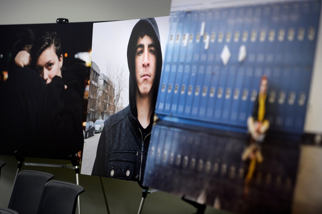 (Scott Sommerdorf   |  The Salt Lake Tribune)   The Niki Chan photography of homeless youth was the backdrop at the VOA, Utah Homeless Youth Resource Center, as Gail Miller and the Miller family announced a challenge grant of up to 10 million dollars to fund future homeless programs and services, Thursday, August 17, 2017. 