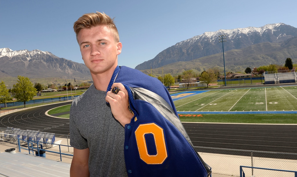 (Al Hartmann | The Salt Lake Tribune)
Orem High School Junior Cooper Legas has won a state title in three consecutive seasons. He won a title in the javelin at last year's state track meet, was the quarterback on the state-title winning football team then won a state title as a wrestler.