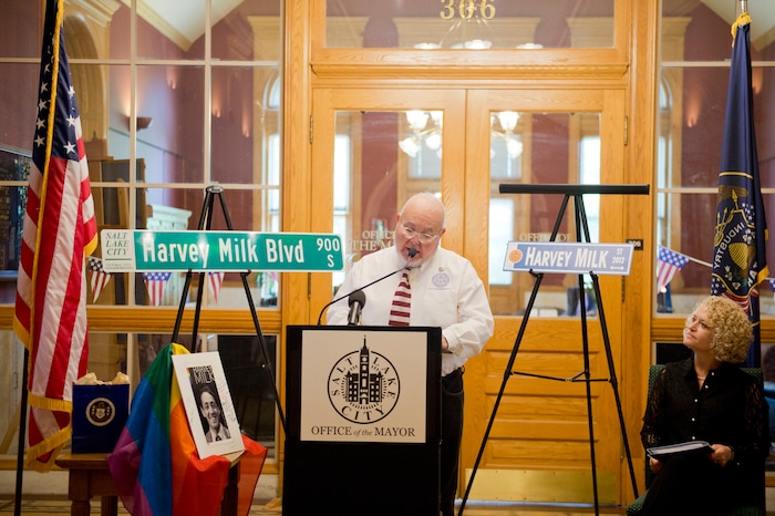 (Rachel Molenda | The Salt Lake Tribune)
San Diego human rights commissioner Nicole Murray-Ramirez presents Salt Lake City Mayor Jackie Biskupski with the Harvey Milk Civil Rights Award. The award was given by the International Imperial Court at the Salt Lake City-County Building in Salt Lake City, Utah, on Friday, May 25, 2018.