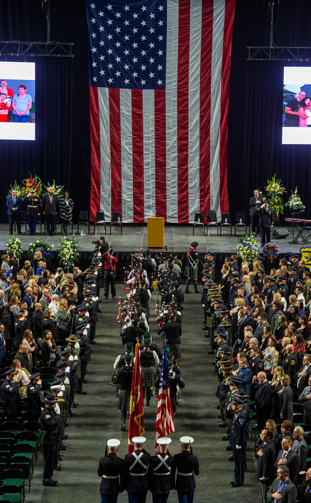 (Rick Egan  |  The Salt Lake Tribune)     The funeral procession enters the Maverik Center, for the funeral for South Salt Lake police officer, David Romrell, who died after being struck by a car during a clash with two burglary suspects on Nov. 24. Wednesday, Dec. 5, 2018.
