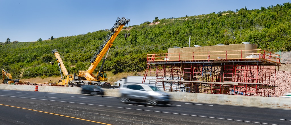 Leah Hogsten  |  The Salt Lake Tribune   Interstate 80 will close Tuesday and Wednesday to place beams for a wildlife overpass at Parleys Summit, July 30, 2018. 