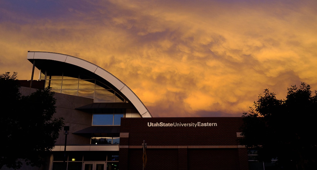 (Trent Nelson | The Salt Lake Tribune) Sunset turns the clouds gold over the Jennifer Leavitt Student Center at Utah State University Eastern in Price on Tuesday, Aug. 23, 2016. The school was the focus of a 2024 audit over misappropriated funds that found an employee was being paid while not showing up for work.