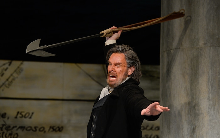 (Francisco Kjolseth  |  The Salt Lake Tribune)  Roger Honeywell as Captain Ahab joins other cast members onstage for Utah Opera's "Moby-Dick" at the Capitol Theatre for the upcoming 21st-century opera by Jake Heggie based on the classic novel by Herman Melville. This is the first big revival of it, with brand-new sets and costumes built in the Utah Opera shop.
