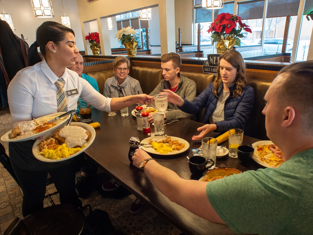 (Rick Egan  |  The Salt Lake Tribune)  Tru Religion Pancake & Steakhouse, which opened recently in Orem, features antique furniture from Salt Lake's Lambs Restaurant. Friday, Dec. 28, 2018.