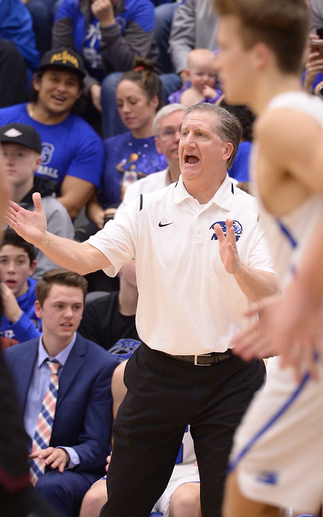 (Leah Hogsten  |  The Salt Lake Tribune)  Pleasant Grove's head coach David Evans. Lone Peak High School boys' basketball team defeated Pleasant Grove High School 65-61 during their game Friday, January 26, 2018 in Pleasant Grove. 