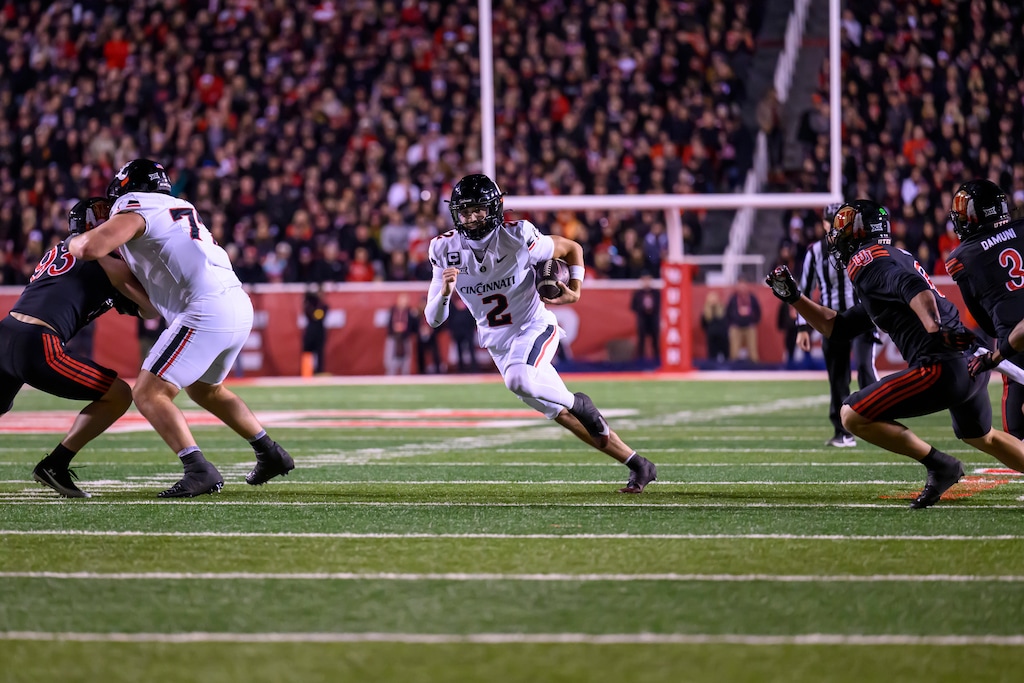 (Tyler Tate | AP) Brendan Sorsby (2) runs the football during a game last season between Cincinnati and the University of Utah.