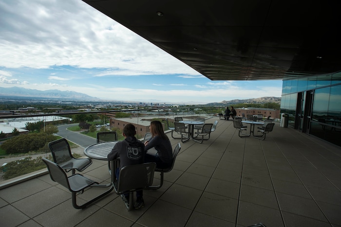 (Rick Egan  |  The Salt Lake Tribune)  Employees have a great view of the valley form the west patio at BioFire Diagnostic at Research Park. BioFire Diagnostic is one of the top performing companies in the Top Workplaces competition,Thursday, September 28, 2017.