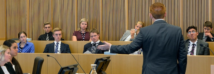 (Al Hartmann | The Salt Lake Tribune)
BYU law student Joshua Prince acts as prosecuter in a mock trial in Judge David Nuffer's federal courtroom in Salt Lake City Wednesday Aug.22. High school students listen from the jury box. It's part of a Civics, Law and Leadership Camp. The camp, a pilot project of Brigham Young University’s J. Reuben Clark Law School and the Federal Bar Association, is designed to prepare youths for civic leadership and service.