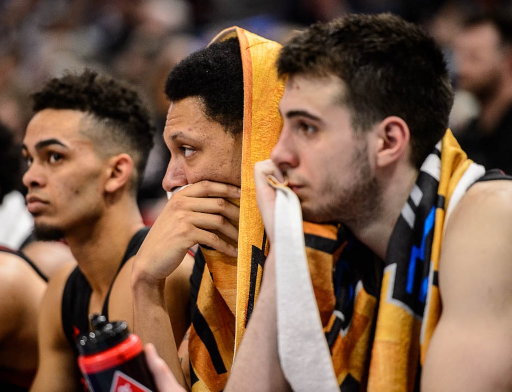 (Trent Nelson | The Salt Lake Tribune)
Northeastern Huskies guard Myles Franklin (13), Northeastern Huskies forward Jeremy Miller (11), and Northeastern Huskies guard Vasa Pusica (4) on the bench as Kansas holds a double-digit lead over Northeastern in the 2019 NCAA Tournament in Salt Lake City on Thursday March 21, 2019.
