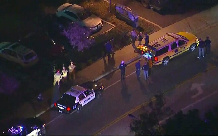 In this image made from aerial video, police vehicles line a road in the vicinity of a shooting in Thousand Oaks, California, early Thursday, Nov. 8, 2018. Authorities say there were multiple injuries _ including one officer _ after a man opened fire in Southern California bar late Wednesday. (KABC via AP)