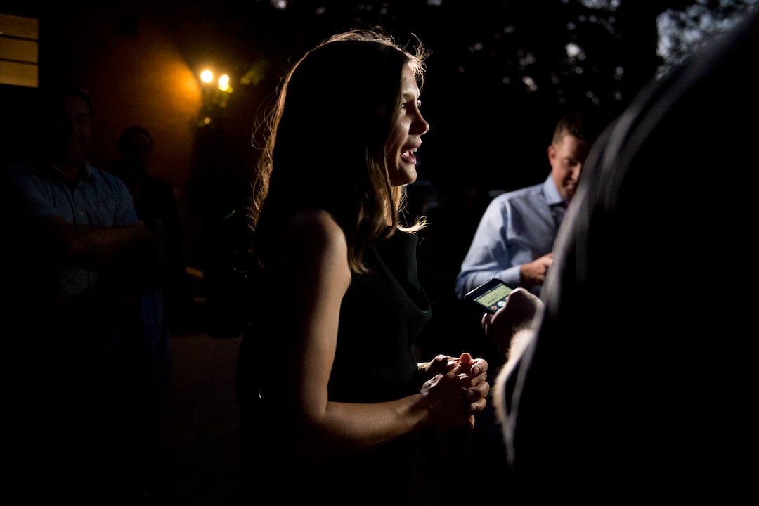 (Jeremy Harmon  |  The Salt Lake Tribune) Erin Mendenhall talks to reporters during an election night party in Salt Lake City on Tuesday, August 13, 2019.