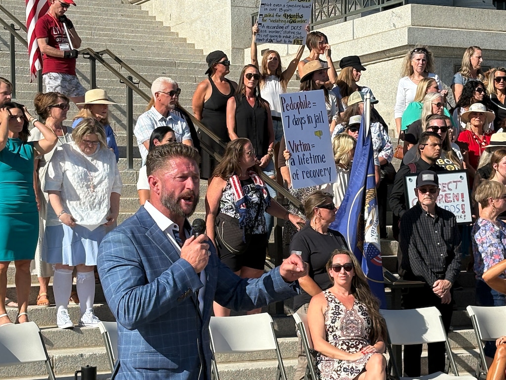 (Jeff Parrott | The Salt Lake Tribune) Jason Preston, a former congressional candidate and conservative political activist, addresses protesters during a rally at the Utah Capitol on Aug. 17, 2025.