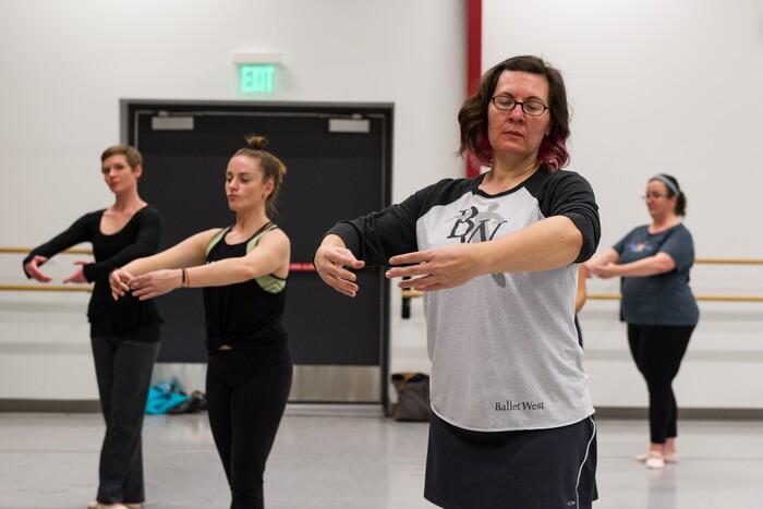 (Alex Gallivan  |  Special to the Tribune)  Adults learn basic techniques during the beginner's class at Ballet West Academy in Salt Lake City, Wednesday, Jan. 31.