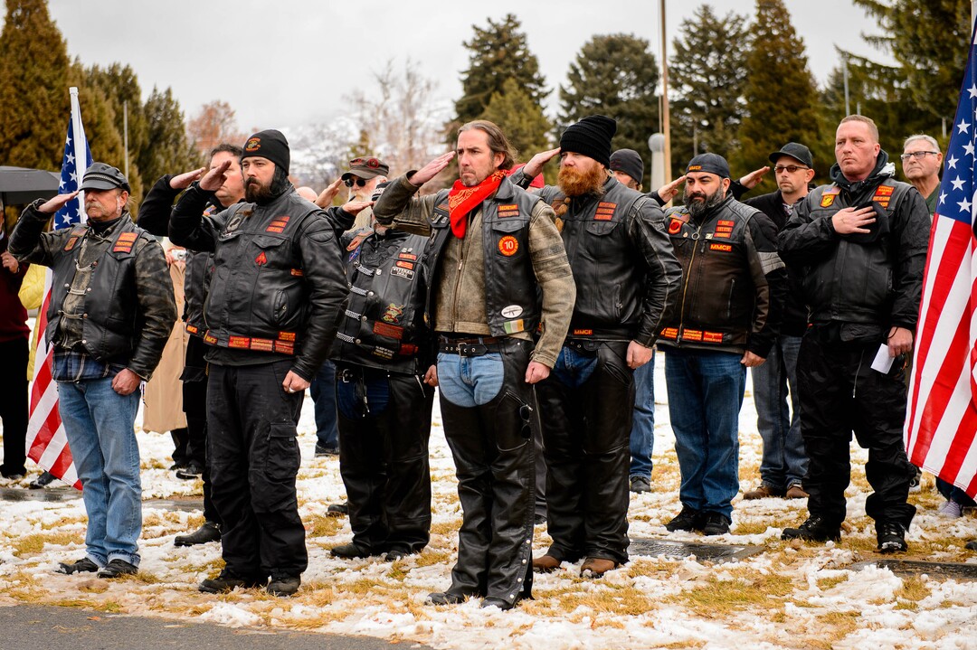 (Trent Nelson  |  The Salt Lake Tribune)
Riders salute during services for Marine Pfc. Robert J. Hatch at the Bountiful City Cemetery on Saturday, Dec. 14, 2019. Hatch was killed in action Nov. 22, 1943, on the island of Betio.