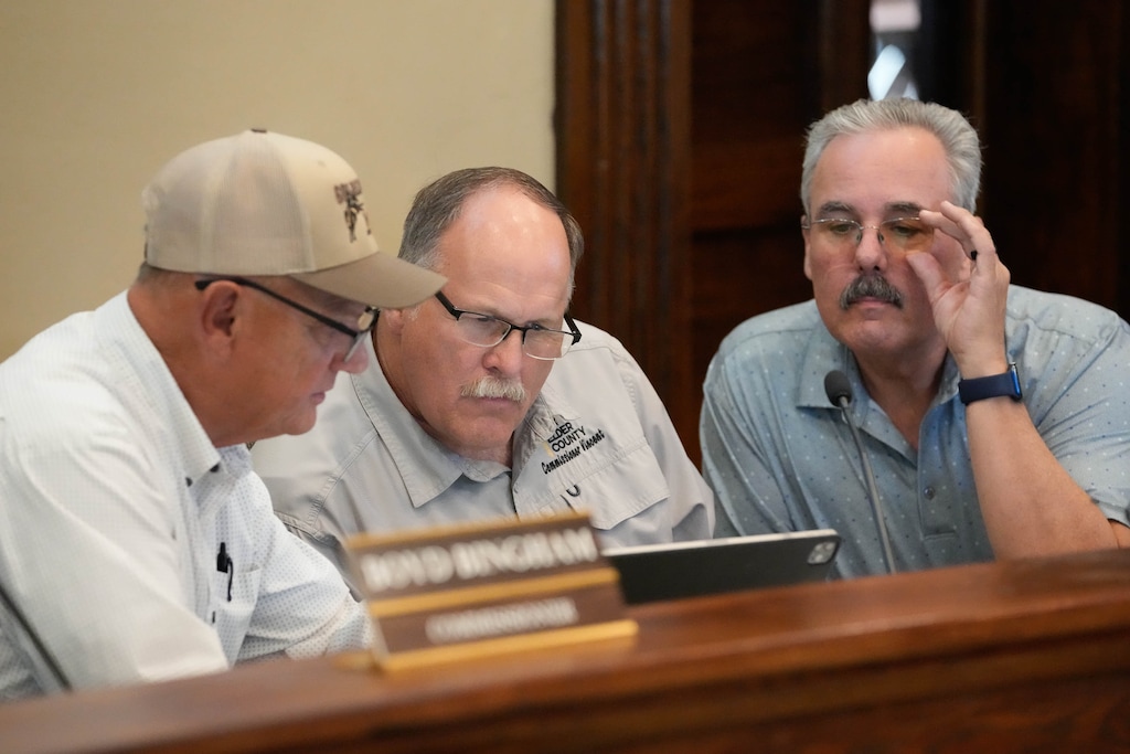 (Francisco Kjolseth | The Salt Lake Tribune) Box Elder County Commissioners Boyd Bingham, Tyler Vincent and Lee Perry, from left, begin a meeting in which they passed an ordinance to put a moratorium on future data centers during a meeting in Brigham City on Wednesday, June 10, 2026.