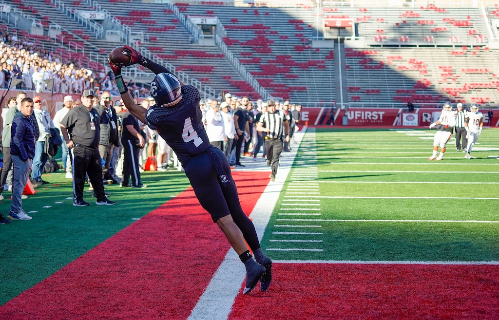 (Chris Samuels | The Salt Lake Tribune) Corner Canyon wide receiver Jerome Myles makes a catch for a touchdown during the 6A high school football championship game against Skyridge at Rice-Eccles Stadium, Friday, Nov. 17, 2023.