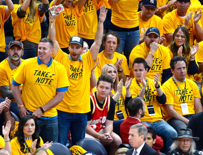 (Scott Sommerdorf | The Salt Lake Tribune)
A lonely Houston fans is surrounded by Jazz fans during first half play. The Rockets led the Jazz 58-48 at the half, Sunday, May 6, 2018.