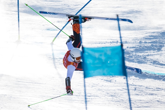 (Chris Detrick  |  The Salt Lake Tribune)  A forerunner crashes in the Men's Giant Slalom Run 1 during the Pyeongchang 2018 Winter Olympics Sunday, Feb. 18, 2018. 