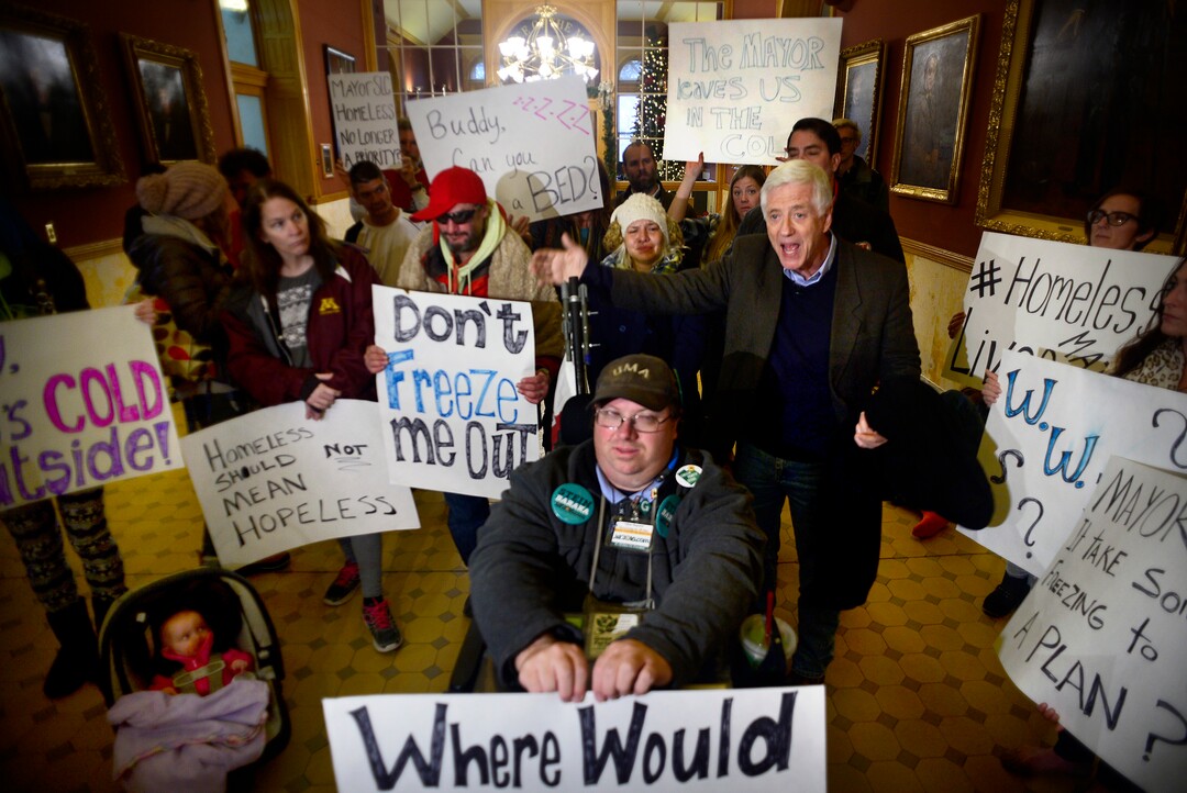 (Scott Sommerdorf   | Tribune file photo) Former mayor Rocky Anderson led a demonstration in City Hall outside the office of Mayor Jackie Biskupski demanding she produce a plan for emergency overflow shelter space for homeless people, Friday, December 9, 2016.
