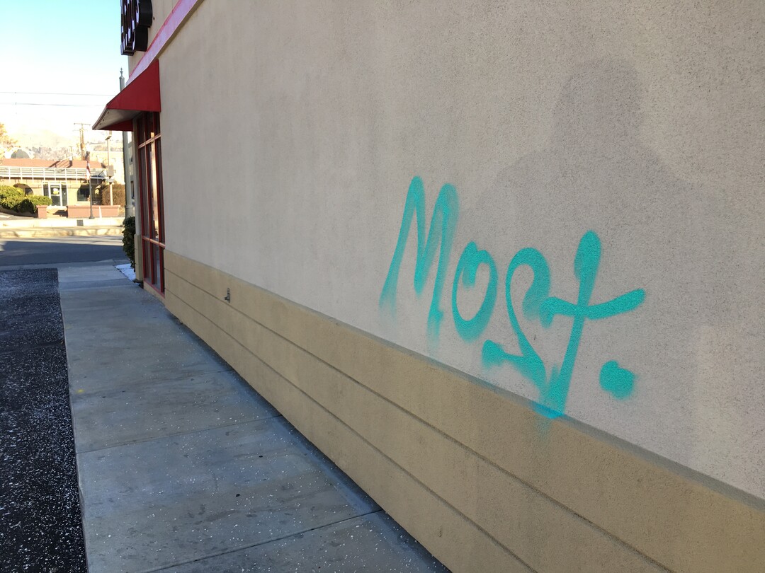 A graffiti tribute to Joey Kirk, who was known by his tag MOST, appears in a parking lot near 400 South and Denver St. in Salt Lake City. Kirk was killed by a TRAX train in November 2017.
