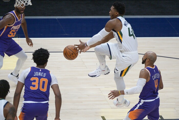 (Leah Hogsten | The Salt Lake Tribune) Utah Jazz guard Donovan Mitchell (45) loses control of the ball as the Jazz crack open their 2020-21 preseason with their second game against the Phoenix Suns, Dec. 14, 2020.