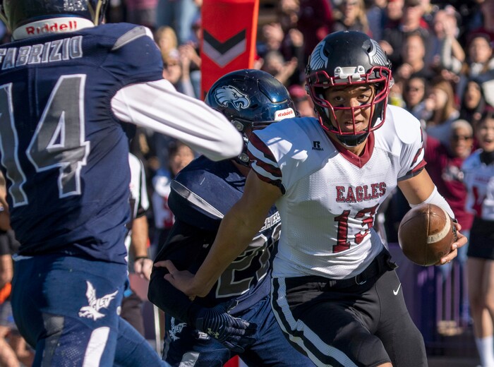 (Rick Egan | The Salt Lake Tribune) Zoram Petelo runs for the Layton Christian Academy, in 1A Football Championship action between the Duchesne Eagles and the Layton Christian Academy Eagles, at the Elizabeth Dee Shaw Stewart Stadium in Ogden, on Saturday, Nov. 13, 2021.