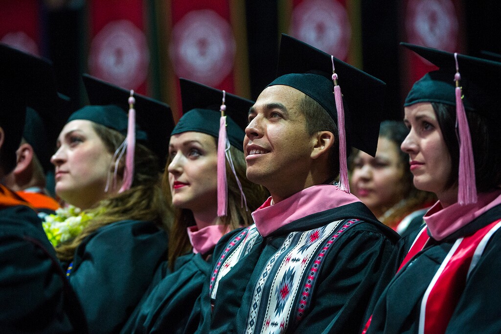 Chris Detrick  |  The Salt Lake TribuneUniversity of Utah students listen at Jon M. Huntsman Center during the Commencement Ceremony Thursday, May 4, 2017. 