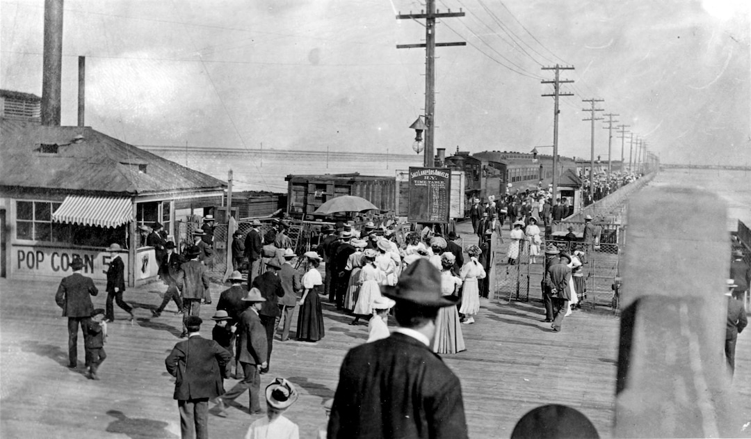 (Utah State Historical Society) The Salt Lake and Los Angeles Railway terminal at Saltair I.  According to the Utah Division of State History, Saltair "was a short train ride from downtown Salt Lake City. Saltair offered respite during the hot summer months and provided workers with an affordable source of entertainment in their leisure time. Fifty cents bought visitors a round trip train ticket and admission to the resort." 