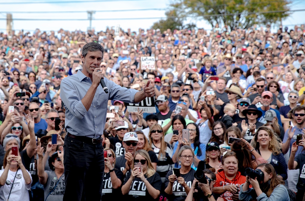 FILE - In this Nov. 4, 2018, file photo, Beto O'Rourke, the 2018 Democratic candidate for U.S. Senate in Texas, gives the thumbs up as he takes the stage to speak at the Pan American Neighborhood Park in Austin, Texas. O'Rourke didn't turn Texas blue, but for the first time in decades, it's looking much less red. Texas has long been a laboratory of conservatism. But cracks in the GOP's supremacy are emerging. The results could reverberate nationally. (Nick Wagner/Austin American-Statesman via AP, File)