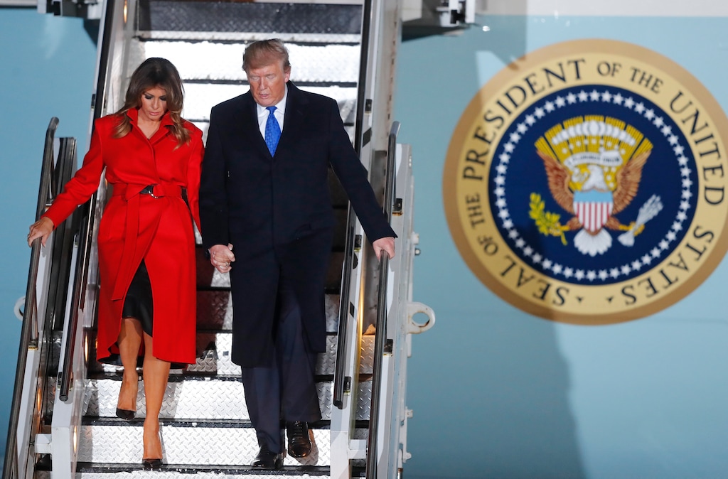 (Frank Augstein | AP) U.S. President Donald Trump and U.S. first lady Melania Trump arrive at Stansted Airport in England, Monday, Dec. 2, 2019. US President Donald Trump will join other NATO heads of state at Buckingham Palace in London on Tuesday to mark the NATO Alliance's 70th birthday.