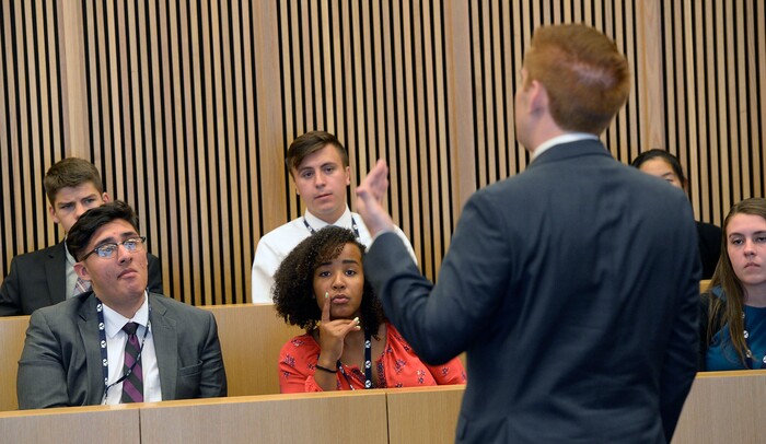 (Al Hartmann | The Salt Lake Tribune)
BYU law student Joshua Prince acts as prosecuter in a mock trial in Judge David Nuffer's federal courtroom in Salt Lake City Wednesday Aug.22. High school students listen from the jury box. It's part of a Civics, Law and Leadership Camp. The camp, a pilot project of Brigham Young University’s J. Reuben Clark Law School and the Federal Bar Association, is designed to prepare youths for civic leadership and service.