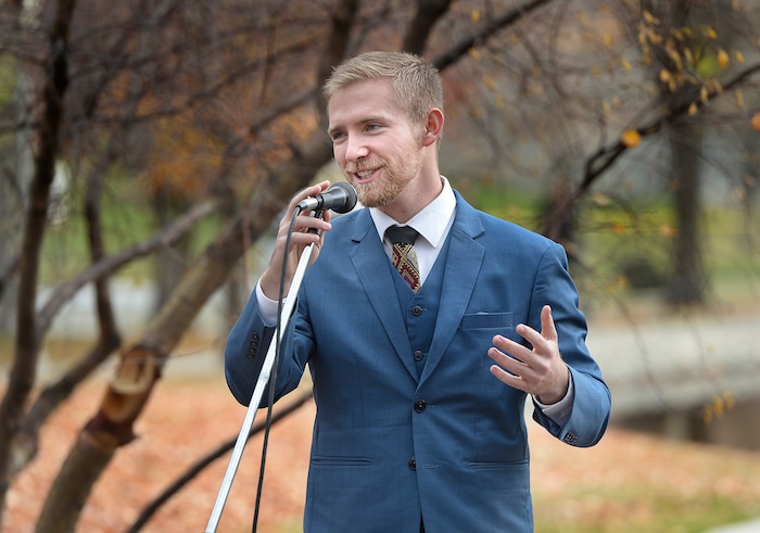 (Scott Sommerdorf   |  The Salt Lake Tribune)   
Donovan Feist tells why he came directly from LDS church services to resign his membership in the church at the 8th annual mass resignation in City Creek Park, Sunday, November 5, 2017. 
