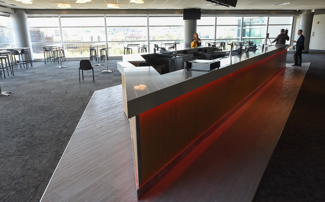 (Francisco Kjolseth  |  The Salt Lake Tribune)  New social corners on the 6th floor offer good views and a chance for any ticket holder to meet as the Jazz unveil renovations for the arena, starting with the J-Note statue and then offering self-guided tours of the venue on Tuesday, Sept. 26, 2017. The arena features new seats, new concourse areas, new anchor restaurants and open spaces for more social experiences at Jazz games and events.