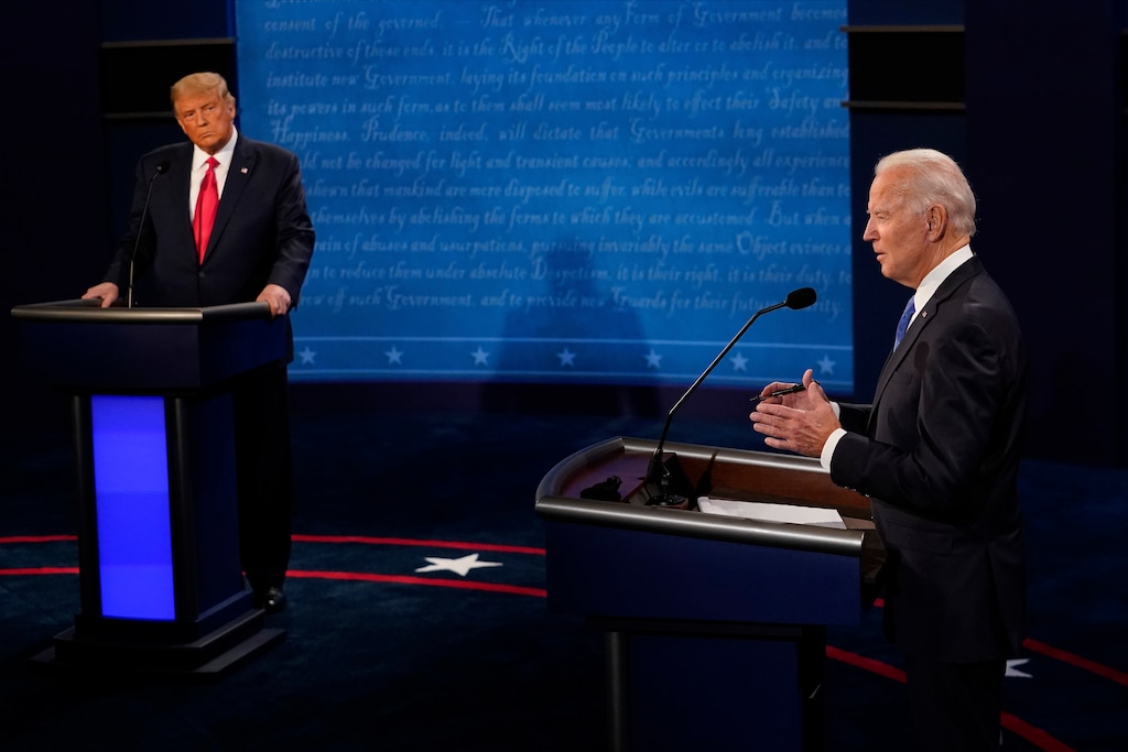 (Morry Gash | AP photo)

Democratic presidential candidate former Vice President Joe Biden answers a question as President Donald Trump listens during the second and final presidential debate Thursday, Oct. 22, 2020, at Belmont University in Nashville, Tenn.