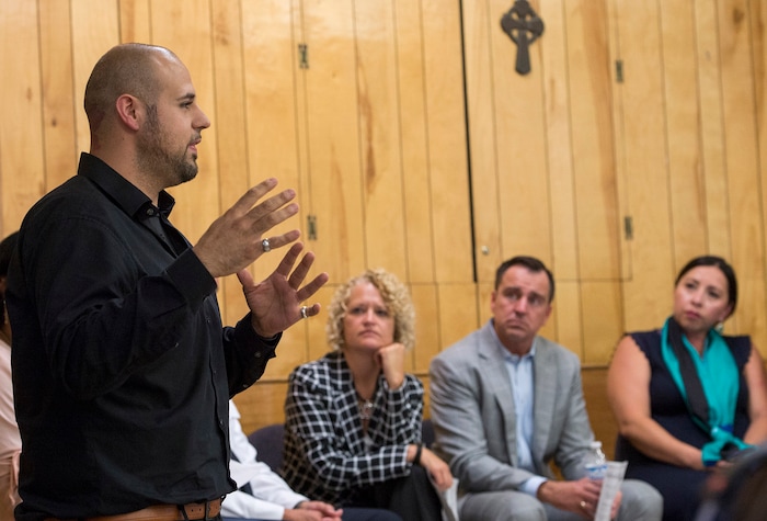 (Rick Egan  |  The Salt Lake Tribune)  Poplar Grove resident Christopher Ruelas talks about an experience his family had with a homeless person at a park in his neighborhood during community alliance meeting at St Patrick Parish Social Hall, Friday, August 25, 2017.


