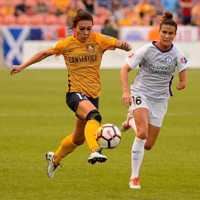 (Trent Nelson | The Salt Lake Tribune)  Utah Royals host Orlando Pride at Rio Tinto Stadium in Sandy, Wednesday May 9, 2018. Utah Royals FC defender Brooke Elby (13) and Orlando Pride defender Carson Pickett (16).