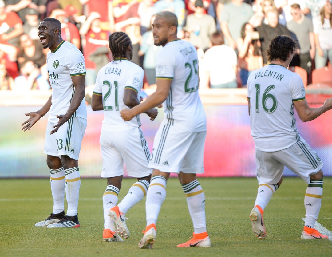 Leah Hogsten  |  The Salt Lake Tribune  Portland Timbers defender Larrys Mabiala (33) reacts to Portland Timbers goalkeeper Steve Clark (12) saving a penalty kick in the first half off Real Salt Lake midfielder Albert Rusnak (11). Real Salt Lake hosts the Portland Timbers, Saturday, May 4, 2019 at Rio Tinto Stadium in Salt Lake City.