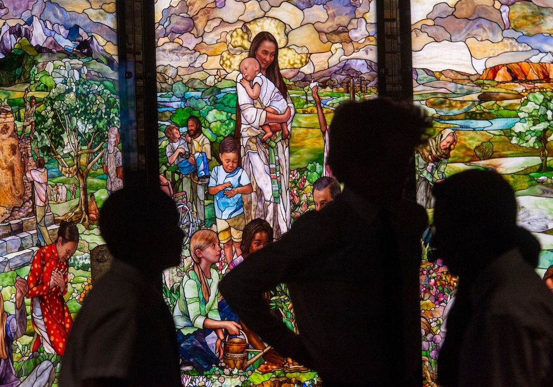 (Rick Egan  |  The Salt Lake Tribune)     Roots of Humanity Foundation unveils the first three of its "7 Pillars" windows, created by artist Tom Holdman, at the 100 Club room at the Vivint Smart Home Arena, Sunday, Aug. 25, 2019.