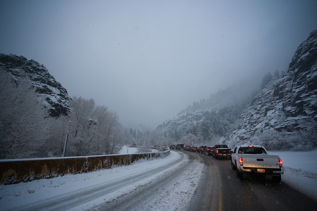 (Trent Nelson  |  The Salt Lake Tribune) Traffic sits at a standstill in Big Cottonwood Canyon on Saturday, Dec. 23, 2023. The National Weather Service on Wednesday, Jan. 10, 2023, said snow is possible every day through Tuesday.