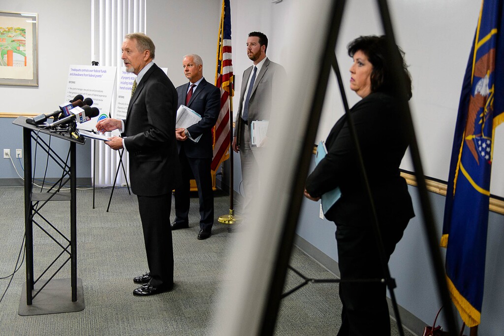 Trent Nelson  |  The Salt Lake TribuneUtah Transit Authority officials hold a news conference to discuss an ongoing federal investigation and reforms they have enacted, at UTA headquarters in Salt Lake City, Tuesday April 4, 2017. From left are UTA Board Chair Robert McKinley, CEO and President Jerry Benson, General Counsel Jayme Blakesley, and Vice Chair Sherrie Hall Everett.