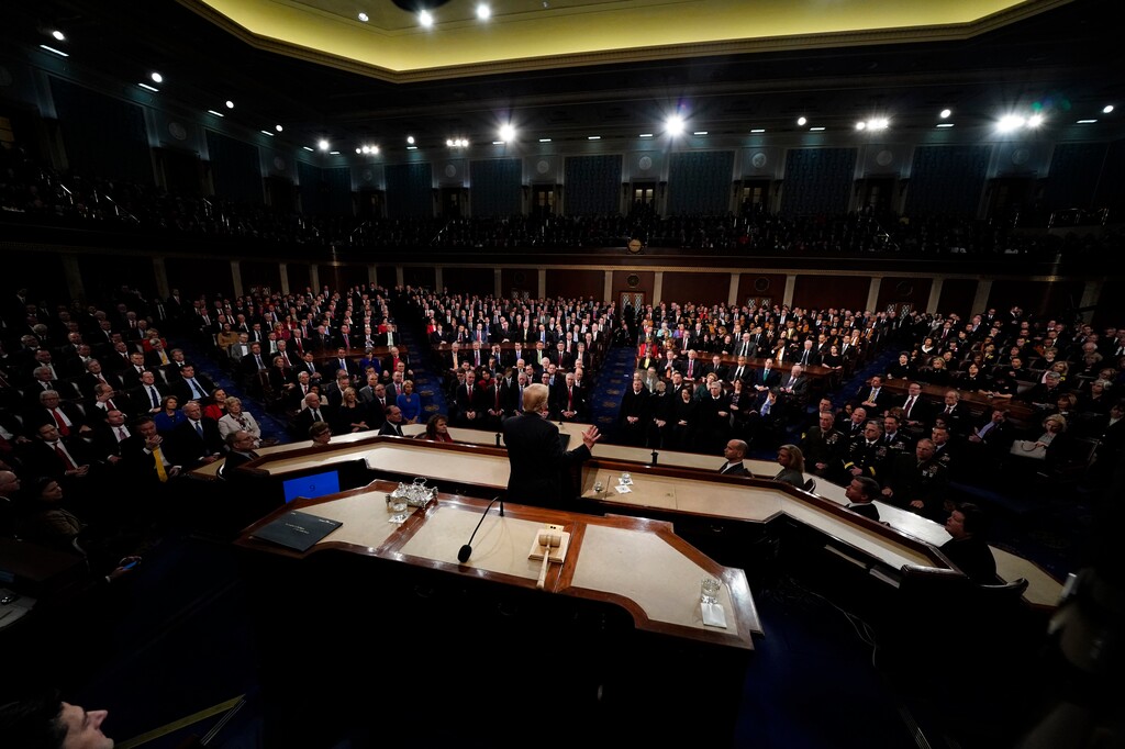 President Donald Trump delivers his State of the Union address to a joint session of U.S. Congress on Capitol Hill in Washington, Tuesday, Jan. 30, 2018. (Jim Bourg/Pool via AP)