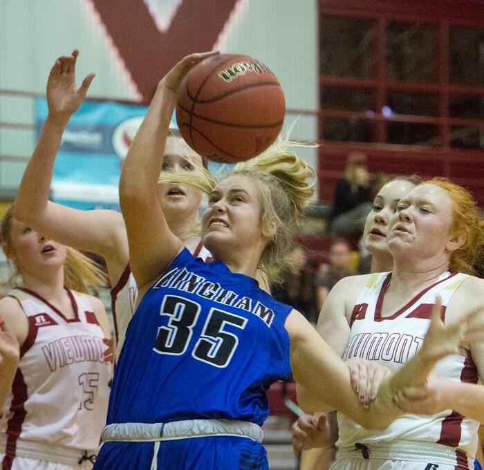 (Rick Egan  |  The Salt Lake Tribune)    Bingham High forward Jaycee Lichtie (35) grabs a rebound, in prep basketball action, Bingham vs. Viewmont, in Bountiful, Wednesday, January 3, 2018.