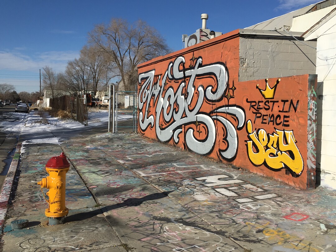 A graffiti tribute to Joey Kirk, who was killed by a TRAX train in November 2017, appears on the wall of a building on the corner of 700 West and Genesee Ave. in Salt Lake City.