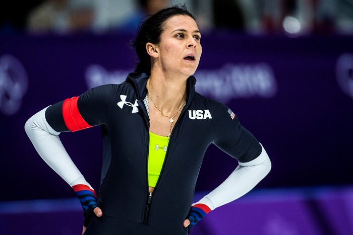(Chris Detrick  |  The Salt Lake Tribune)  USA's Brittany Bowe reacts after racing Netherlands' Jorien Ter Mors in the Ladies' 1,000m during the Pyeongchang 2018 Winter Olympics Wednesday, Feb. 14, 2018.  Bowe finished in 4th place with a time of 1:14.36.