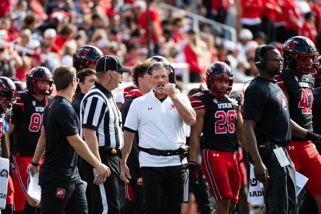 (James Roh | Special to The Tribune) Utah Utes head coach Kyle Whittingham looks on during the first half against the California Golden Bears at Rice-Eccles Stadium on Saturday.