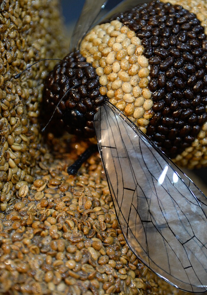 (Francisco Kjolseth  |  The Salt Lake Tribune) A honey bee, made from coffee beans, is one of the highlights at Hall of Breakfast, a quirky new art exhibit that celebrates the first meal of the day. Each room of the exhibit celebrates a favorite breakfast food from eggs and bacon to cereal and coffee.