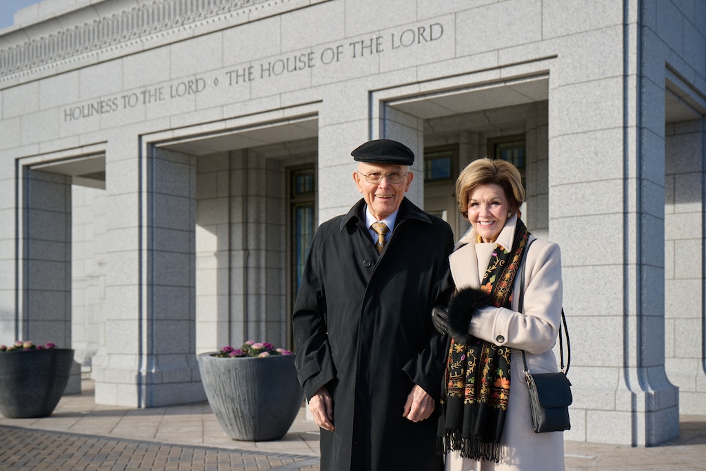 (The Church of Jesus Christ of Latter-day Saints) President Dallin H. Oaks and his wife, Kristen, at the Burley Idaho Temple in January. Oaks will dedicate a temple in Brazil this weekend.