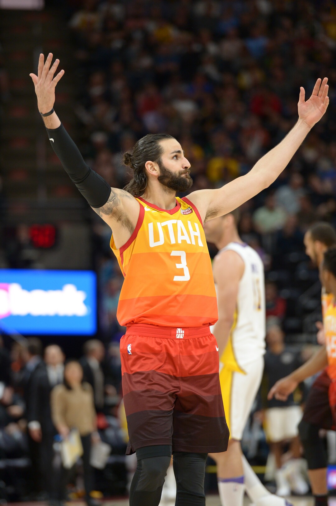 (Leah Hogsten  |  The Salt Lake Tribune)  Utah Jazz guard Ricky Rubio (3) fires up the crowd as the Utah Jazz host the Los Angeles Lakers at Vivint Smart Home Arena Tuesday, April 3, 2018